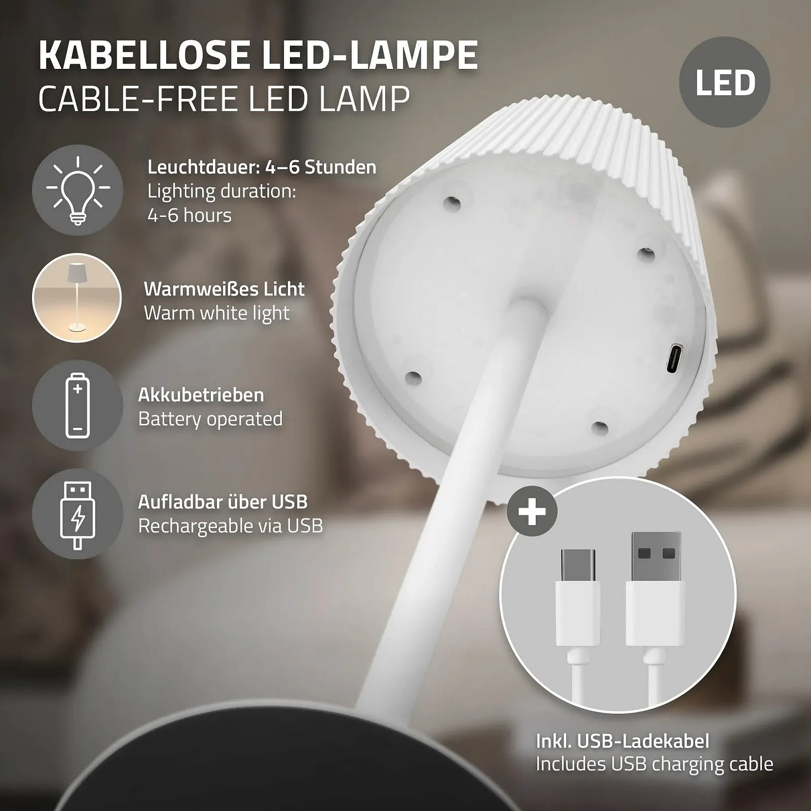 Настільна лампа ML-Design LED Бездротова Сенсорна 4 рівні яскравості USB-C Ø10x36 см Біла, фото №4