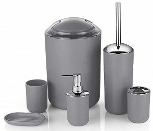 Набір аксесуарів для ванної кімнати Icegrey Modern Design, 6 предметів пляшка для лосьйону, тримач для зубних щіток, стакан, мильниця, туалетний йоржик, відро для сміття - Фото 1