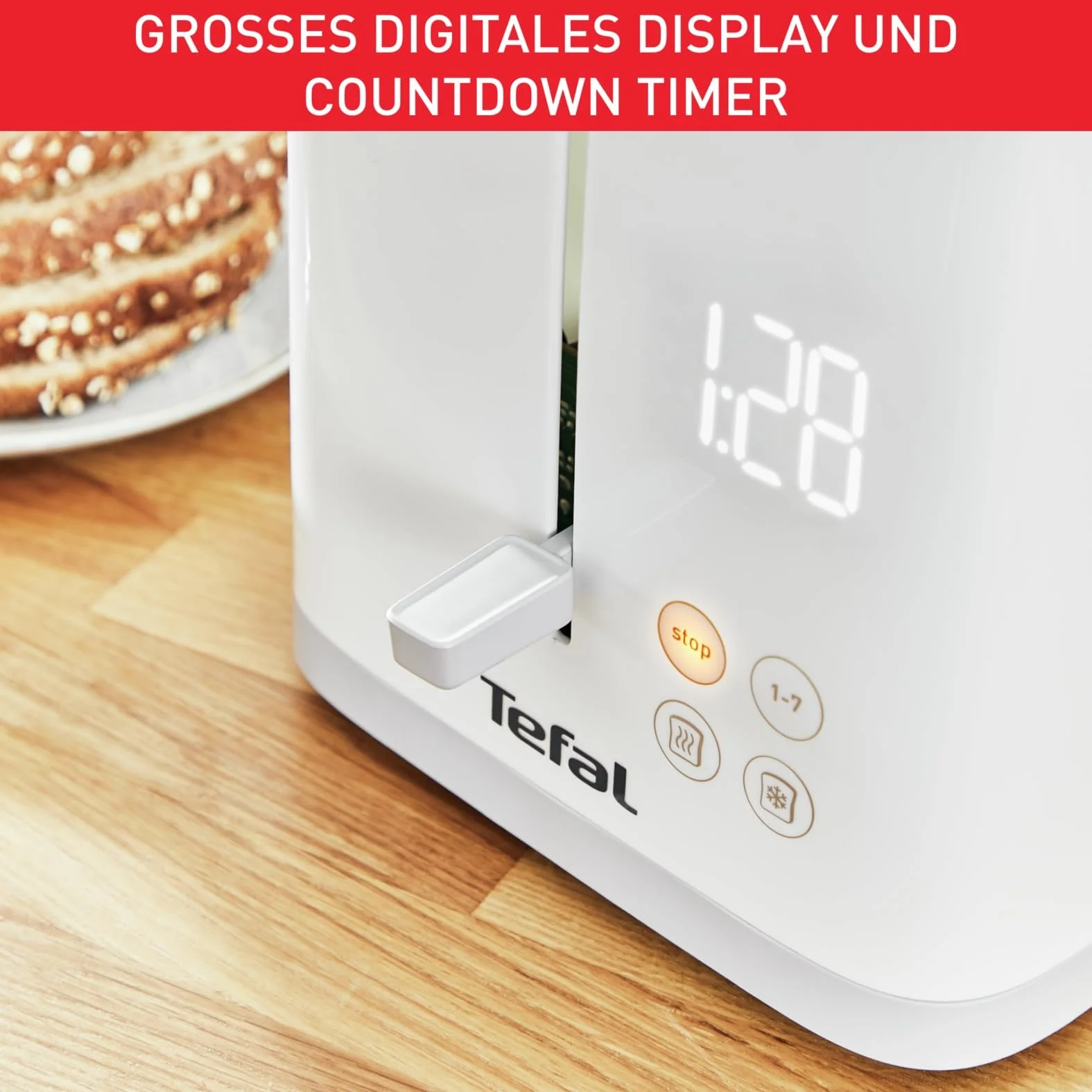 Тостер Tefal Sense TT6931 з 7 рівнями підсмажування, цифровим дисплеєм, зворотним відліком, підігрівом / розморожуванням, висувним піддоном для крихт, кнопкою зупинки, білий, фото №4