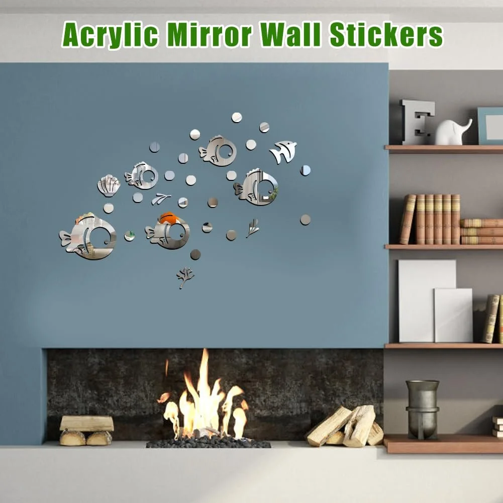 Акрилові дзеркальні наклейки на стіну Cute Fish and Bubbles 30 штук Silver, фото №6