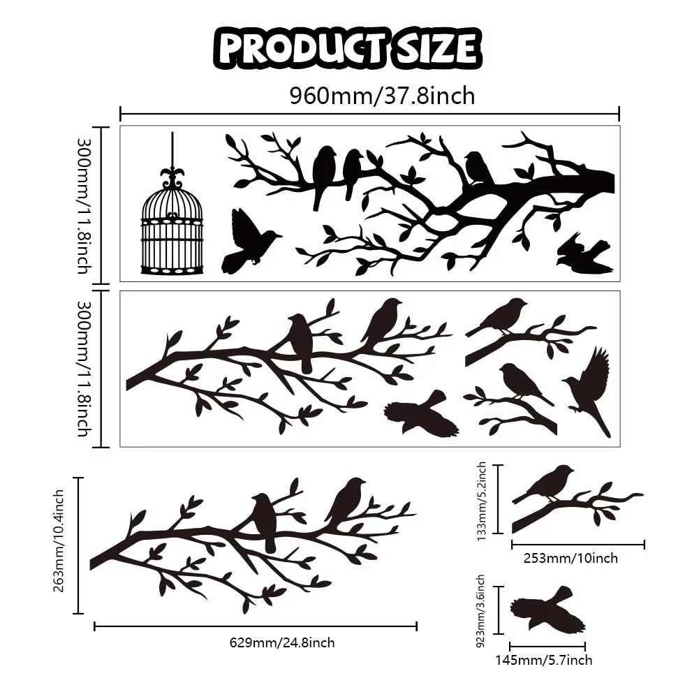 Наклейка на стіну Peacoblue Black Branches and Birds вінілова 3D 2 листи 30 x 96 см чорна, фото №2