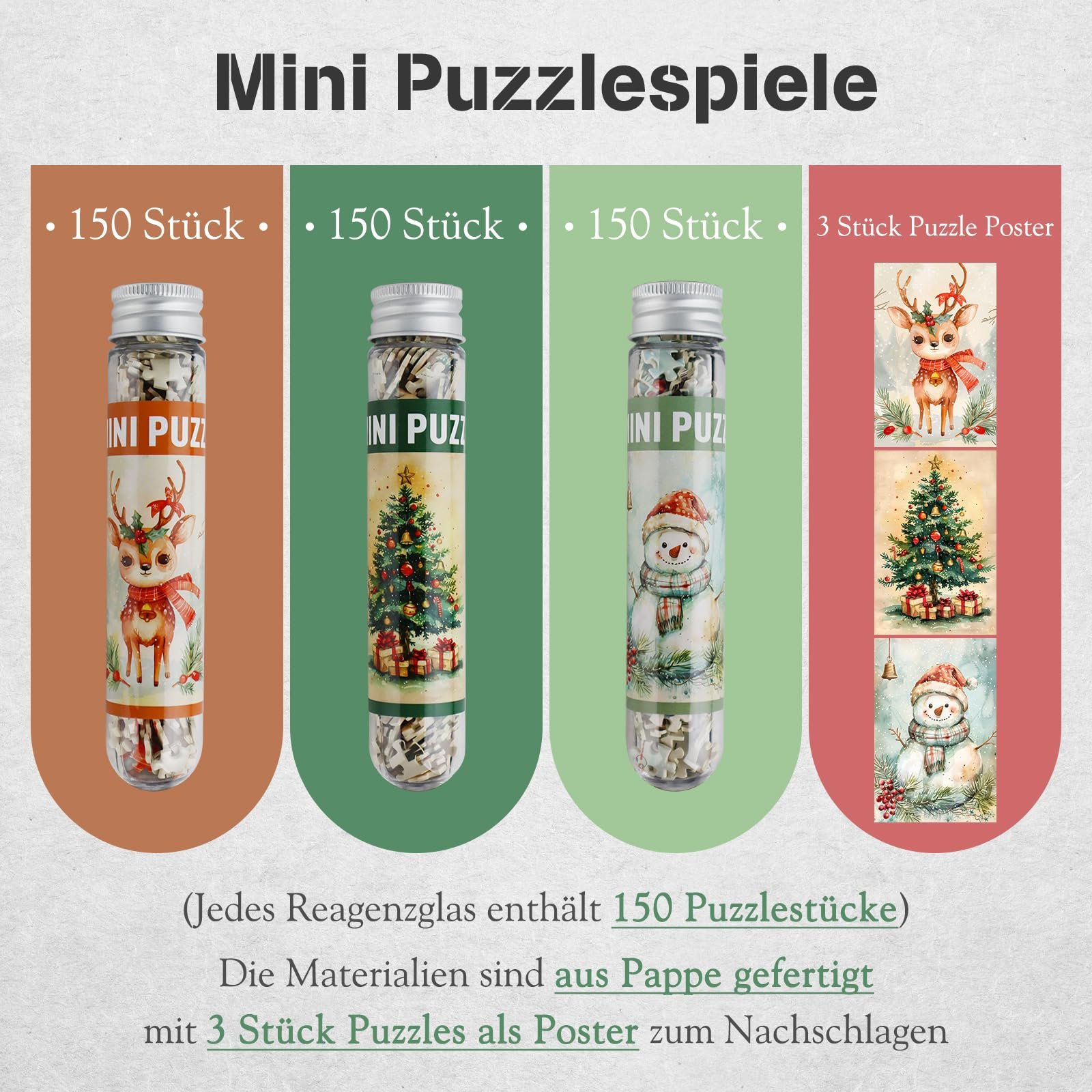 Міні-пазли MISITU Pack of 3 Snowman Elk Christmas Tree 150 елементів 15 x 10 см, фото №3
