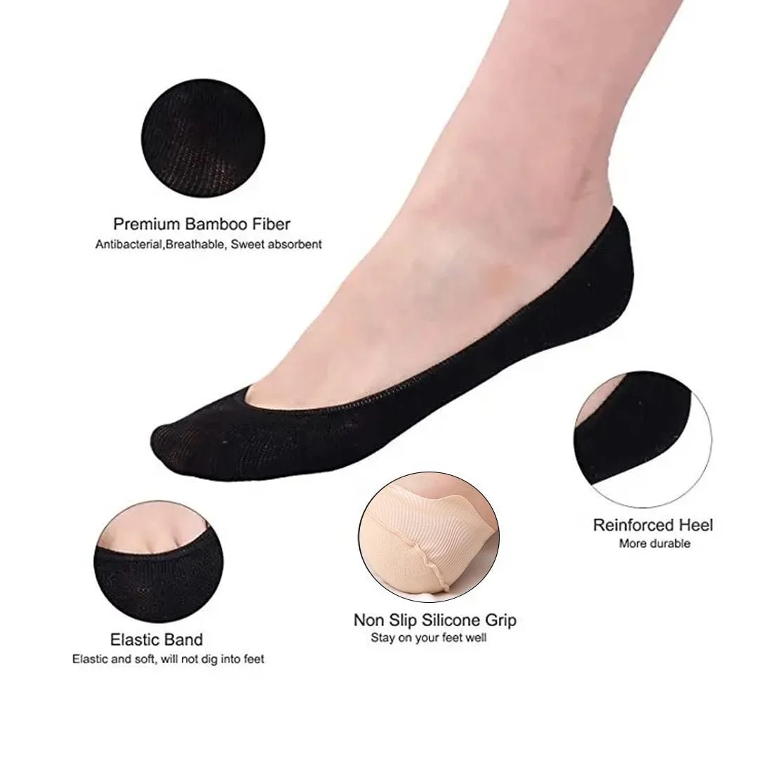 Носки-следки Женские Хлопковые Нейлоновые С Силиконом 3 пары черные, фото №2