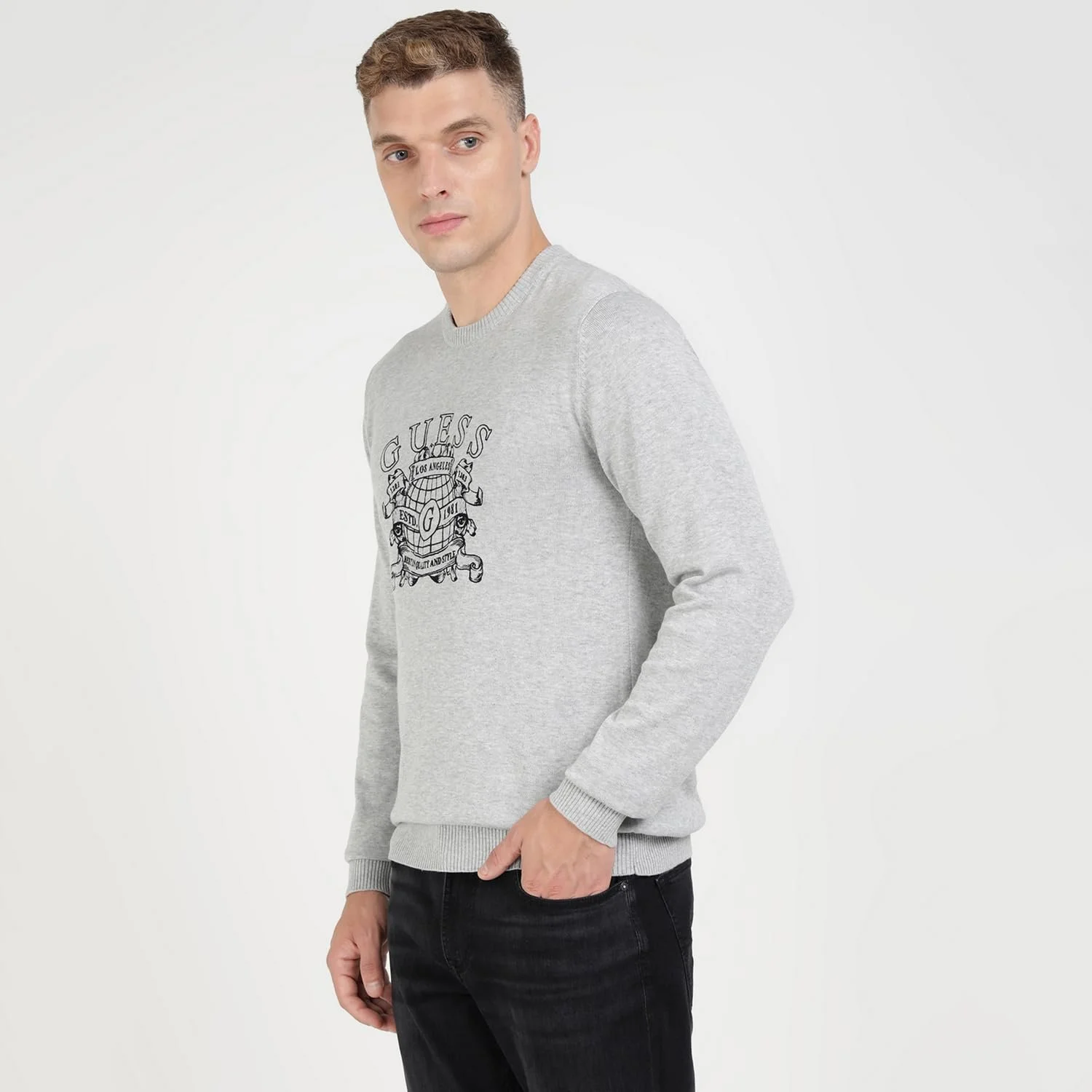 Джемпер GUESS Сірий з бавовняної суміші з принтом Light Stone Heather, L, фото №4