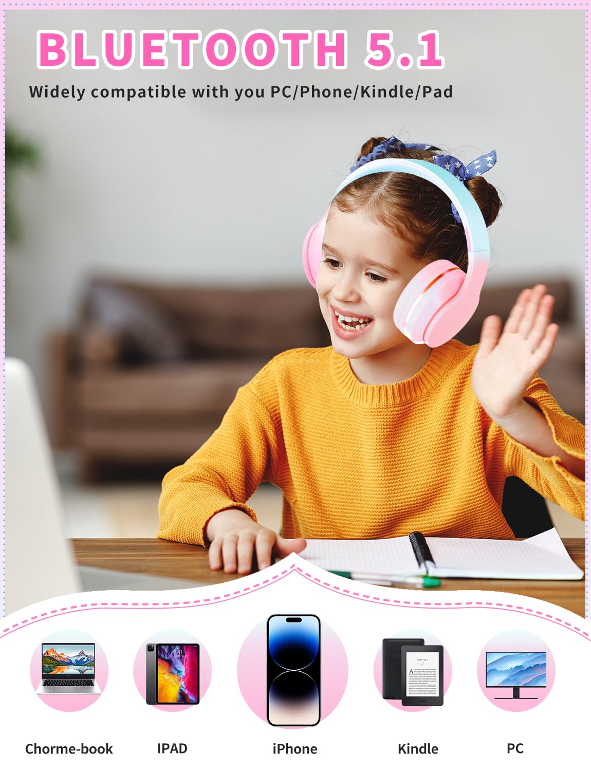 Навушники Xunpuls Bluetooth Children's бездротові накладні регулювання гучності складні з мікрофоном, фото №6