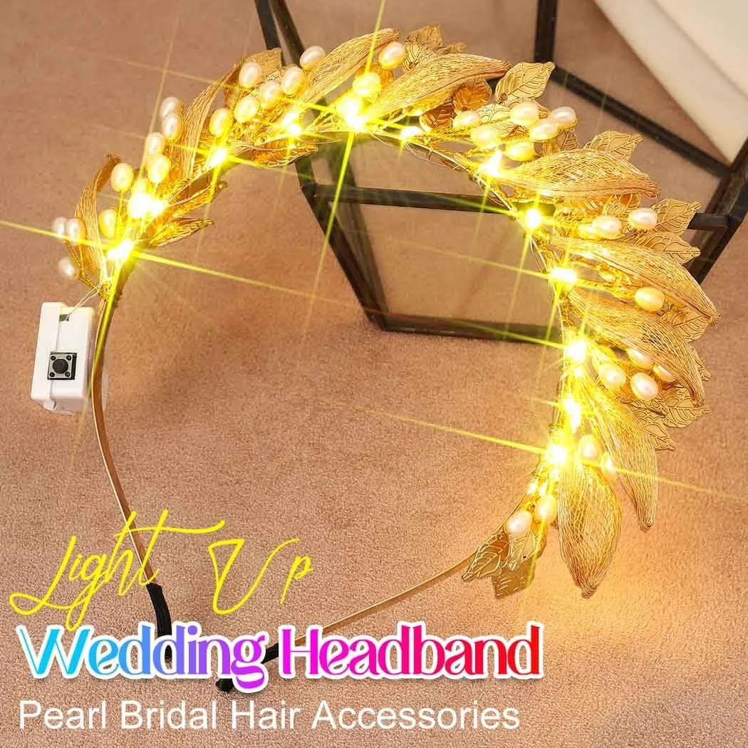 Обруч Zoestar Весільний зі світлодіодами Листя, Богиня, Бісер, Золотий, фото №2 Обруч Zoestar Весільний зі світлодіодами Листя, Богиня, Бісер, Золотий, фото №2