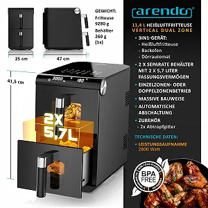 Мультипіч Arendo XXL Dual Zone 11.4 л 2 камери Оглядове вікно 13 програм BPA Free 3D-конвекція Sync & Match 2800 Вт synthetic.ua - Фото 1
