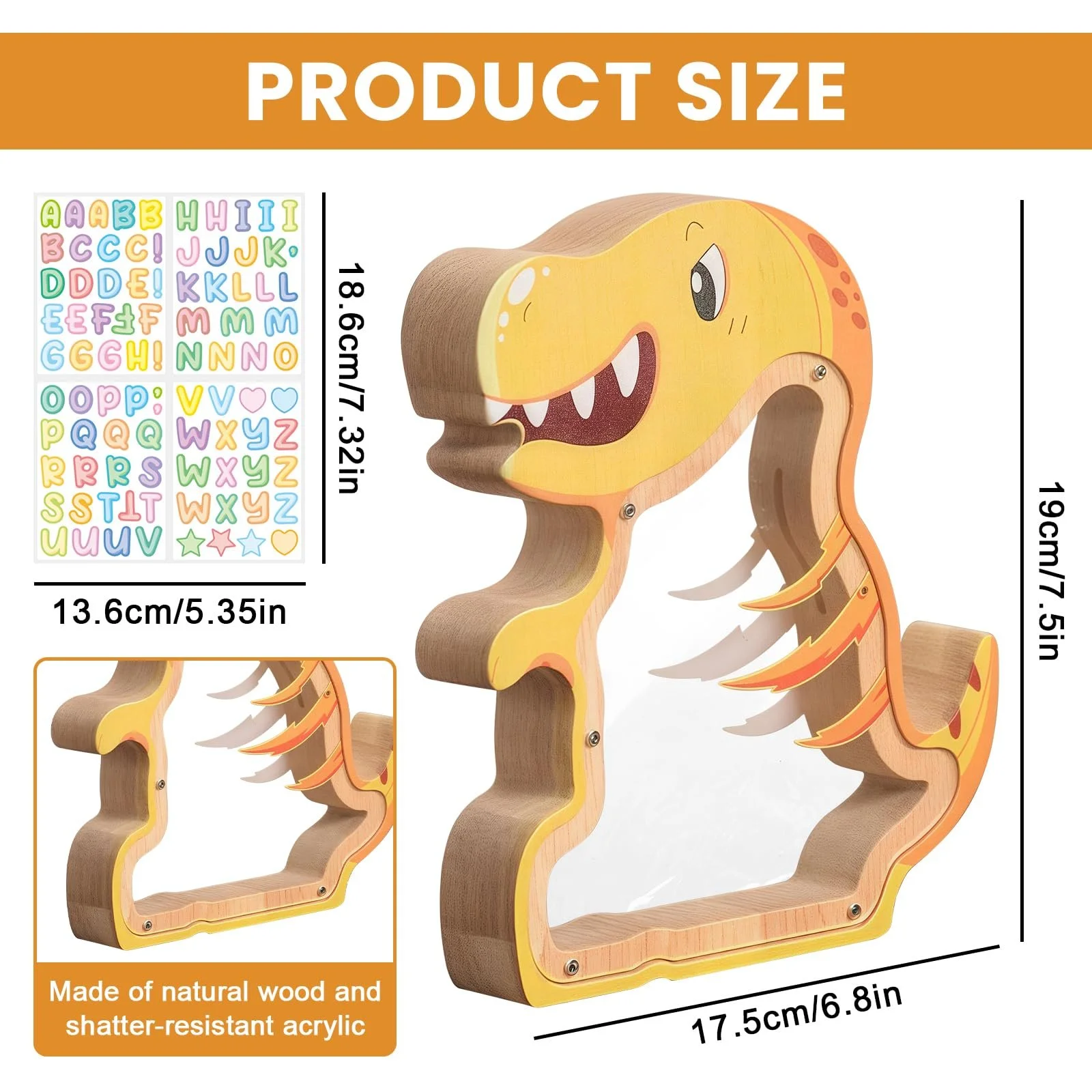 Скарбничка дерев'яна дитяча Динозавр із прозорим вікном та наклейками-літерами DIY, фото №2