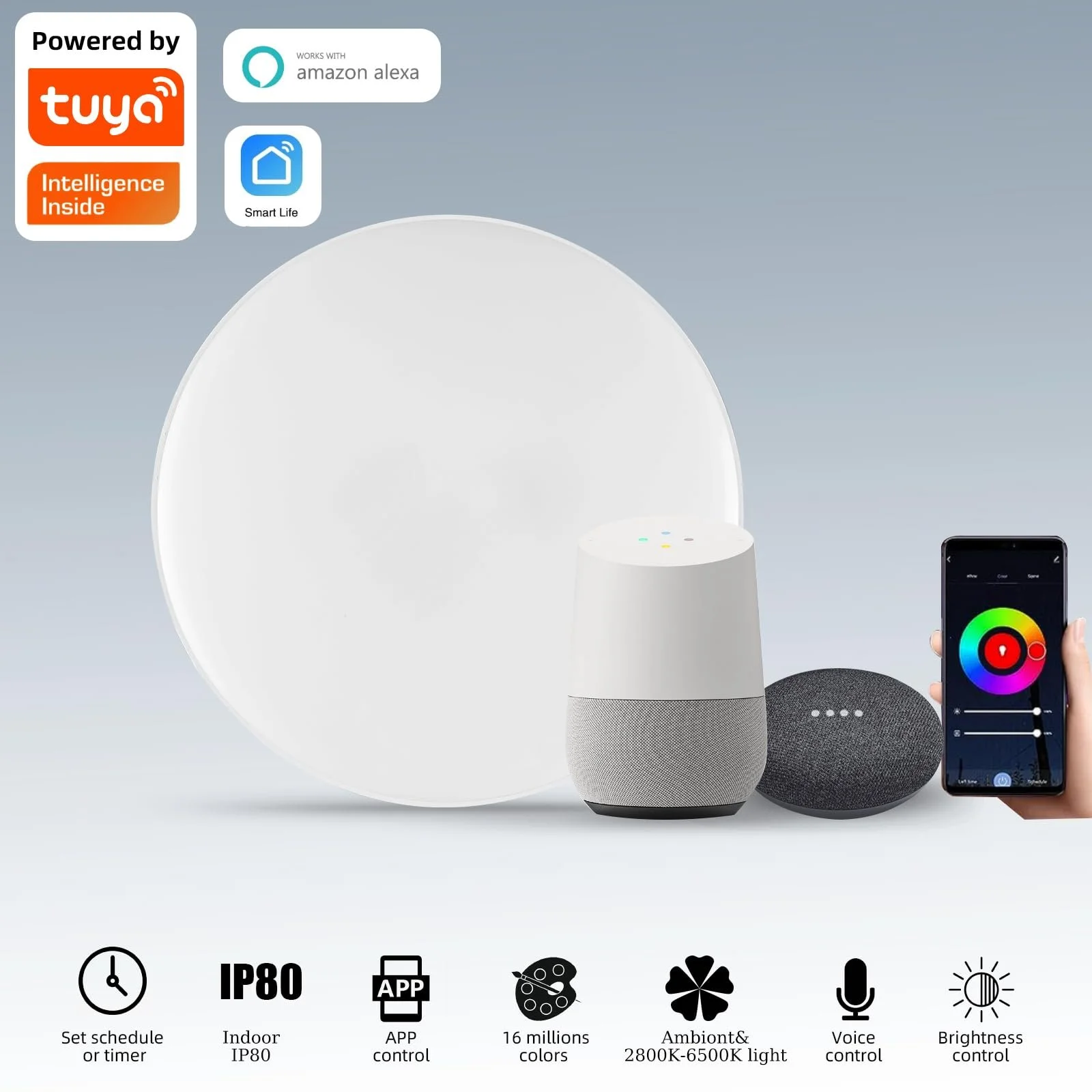 Светильник Horevo Smart 28 W LED WiFi с пультом ДУ, совместимый с Alexa Google Home, 28 см, регулируемая смена цвета для детской комнаты, спальни, гостиной, фото №2