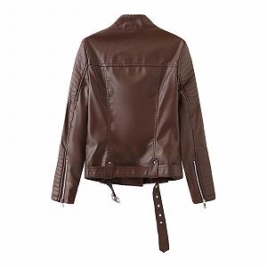 Кожаная куртка Generisch Байкерская куртка Переходная куртка Женская куртка из натуральной кожи - Стойка-воротник с пряжкой в байкерском стиле Коньячный цвет synthetic.ua - Фото 1