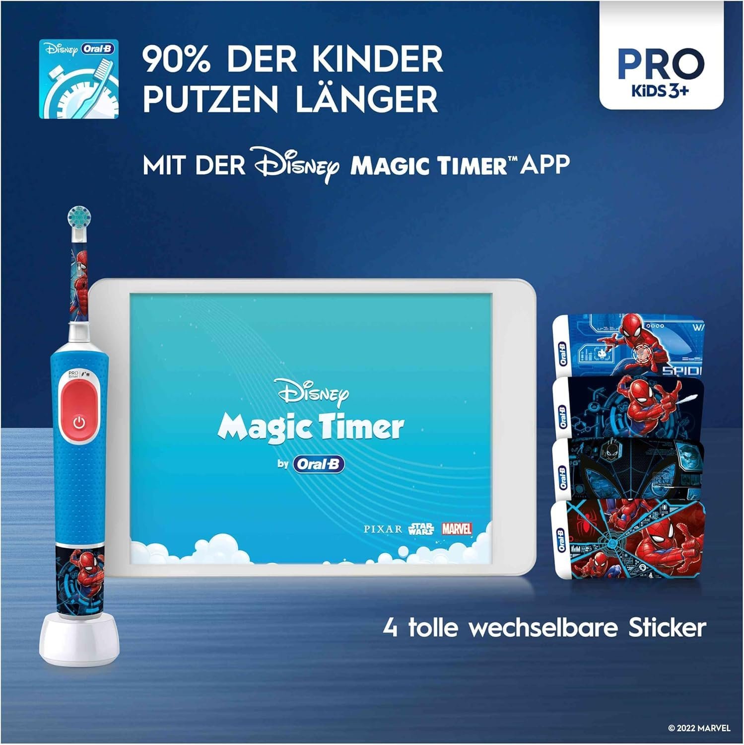 Електрична зубна щітка Oral-B Pro Kids Spiderman з режимом Sensitiv+, екстра м'якою щетиною, 1 насадкою, 1 дорожнім футляром, 4 наліпками, синьо-червона, фото №4