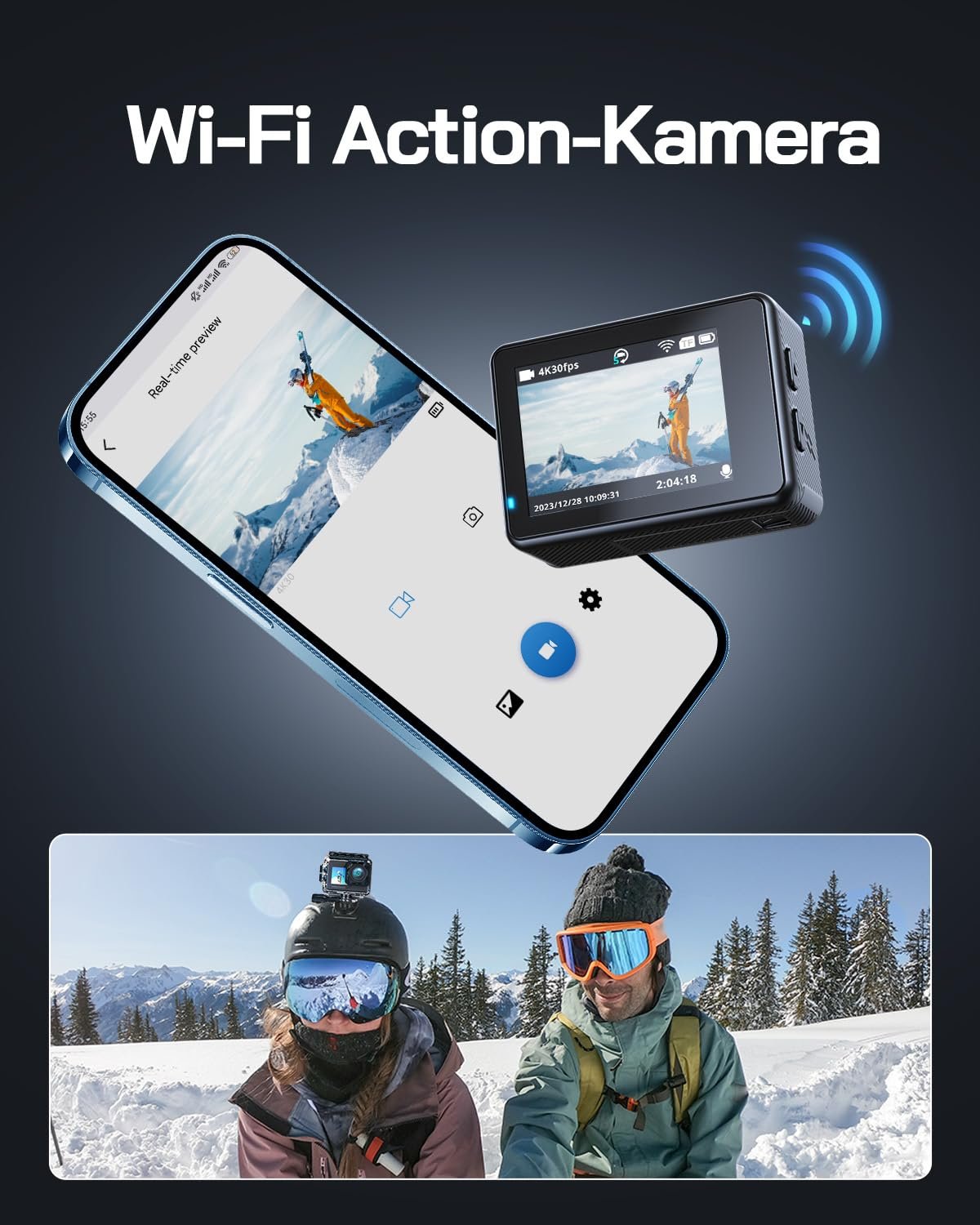 Экшн-камера WOLFANG GA120 4K 20MP WiFi, подводная камера 40 м, 170° широкоугольная, с двумя экранами, стабилизацией изображения ICE и комплектом аксессуаров для крепления на шлем, фото №4