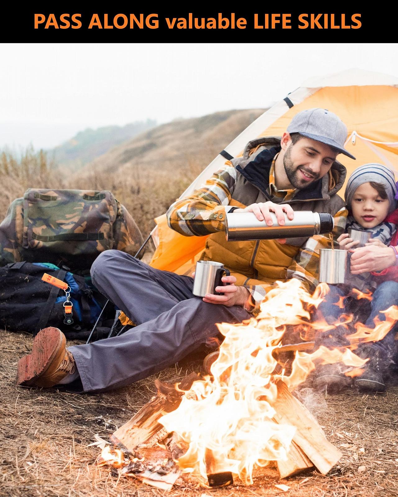 Свисток LuxoGear Wanderpfeife Sicherheitspfeife с компасом (2 шт.) - Шнурок - Огниво - Громкие свистки - Черный + Оранжевый, фото №4