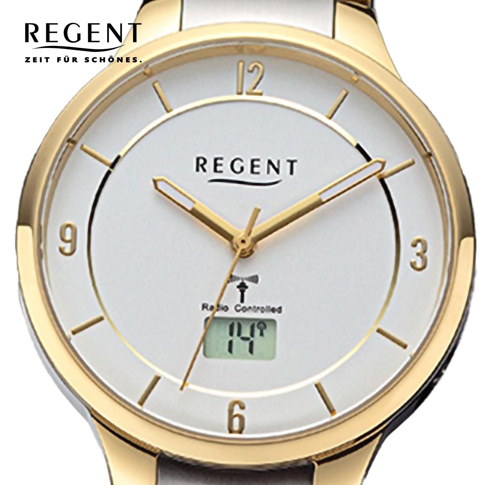 Женские радиоуправляемые часы REGENT Аналого-цифровые URFR288 Металлический ремешок Серебристый Золотистый, Серебристый, золотой серебристый, Браслет, фото №2