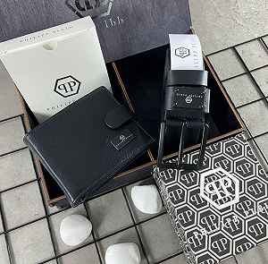 Оригінальний подарунок для чоловіка набір ремінь і гаманець із шкіри брендовий Philipp Plein - Фото 1