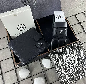 Оригінальний подарунок для чоловіка набір ремінь і гаманець із шкіри брендовий Philipp Plein - Фото 1