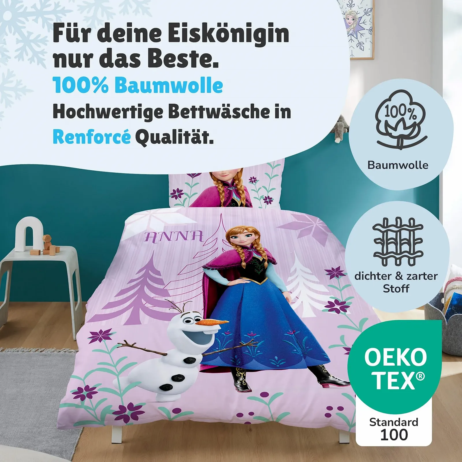 Комплект постельного белья Disney Frozen 2-Piece 135 x 200 см 80 x 80 см - Двустороннее постельное белье Frozen с Анной и Эльзой - Diamonds Motif 100% хлопок на молнии Oeko-Tex, машинная стирка, фото №5