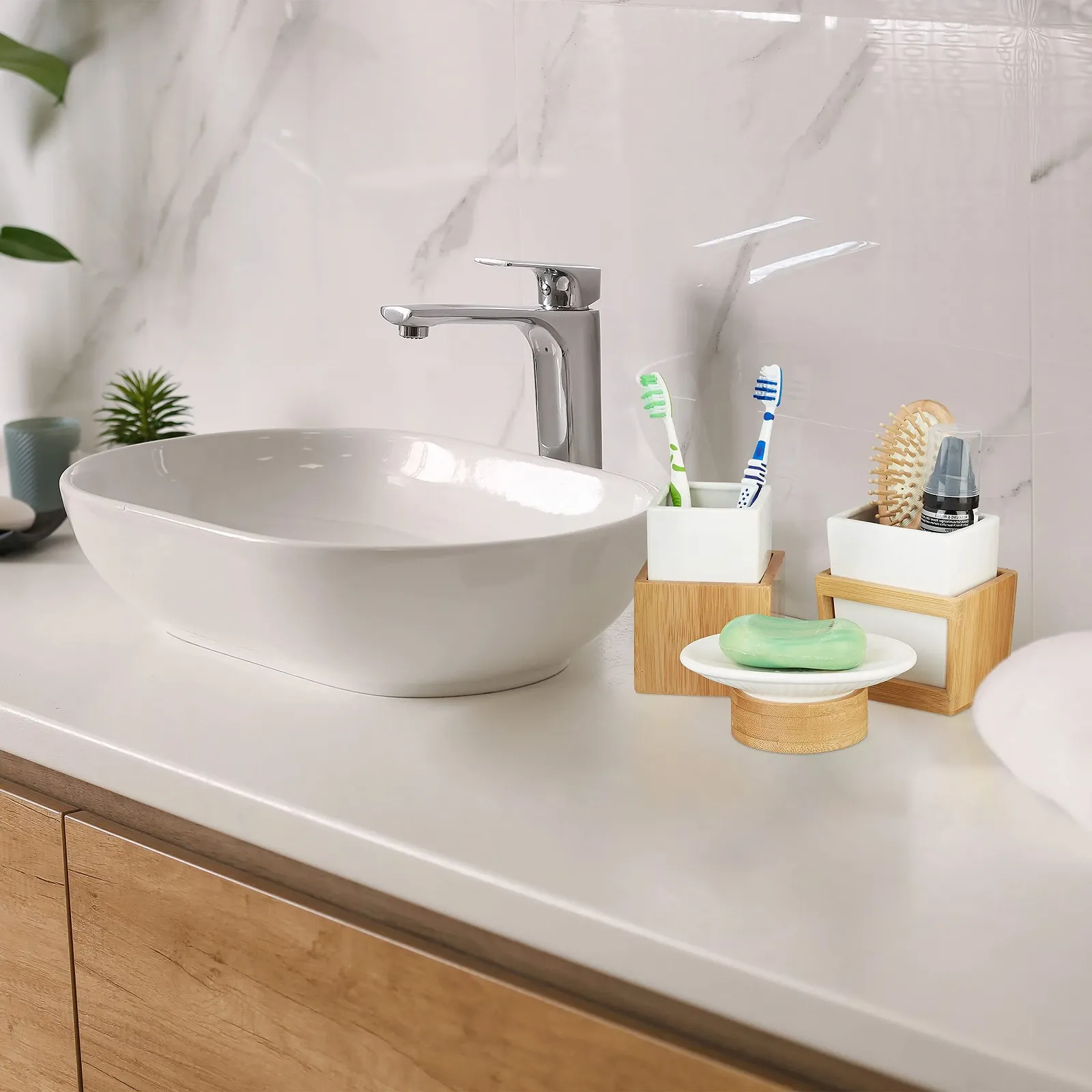 Набор для ванной комнаты Relaxdays, 4 предмета, керамика и бамбук, дозатор для мыла и стакан для зубных щеток, натуральный белый, фото №5