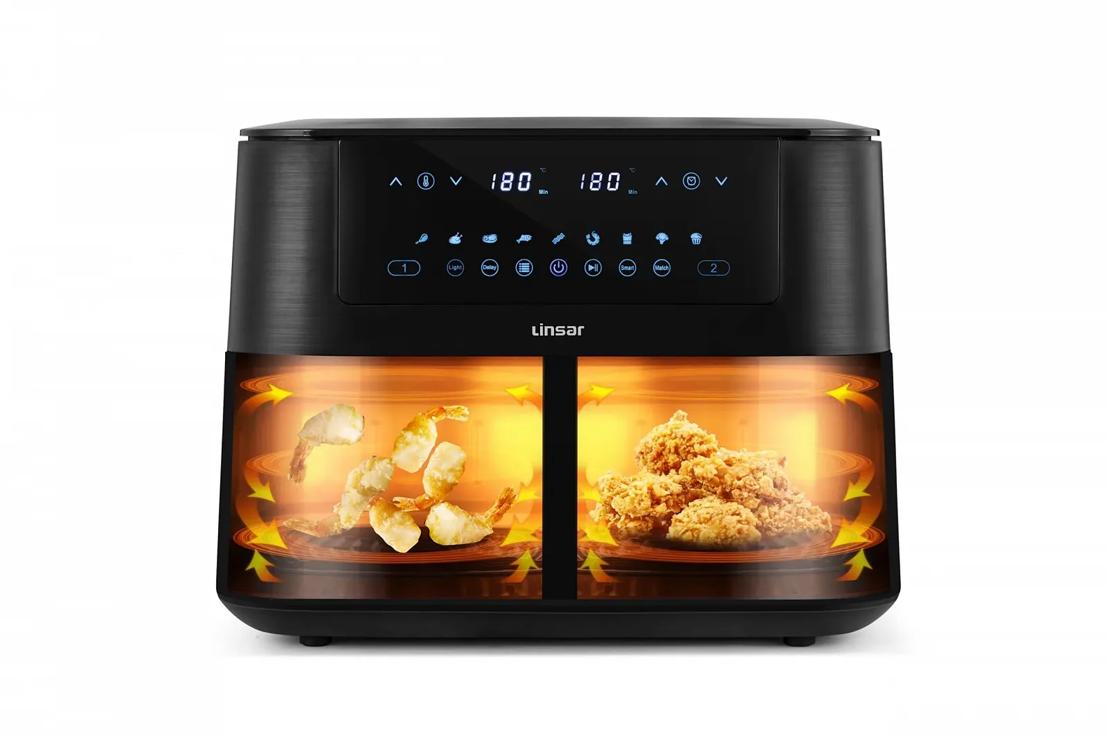 Мультипечь Linsar Dual Zone 8 л 2 корзины Смотровое окно Сенсорный экран 9 программ Dual Cook Sync Ready Technology 2570-3040 Вт Черная, фото №3 Мультипечь Linsar Dual Zone 8 л 2 корзины Смотровое окно Сенсорный экран 9 программ Dual Cook Sync Ready Technology 2570-3040 Вт Черная, фото №3