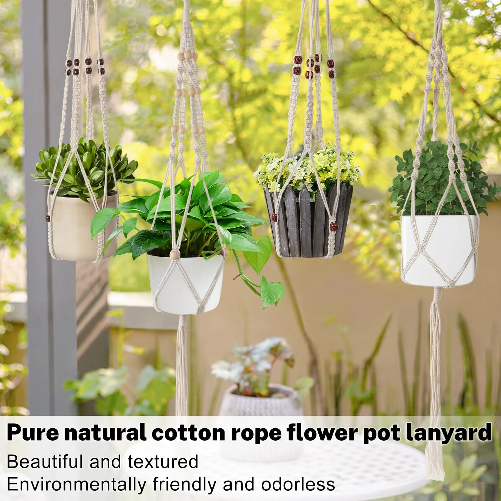 Подвесное кашпо макраме Набор 4 шт. Хлопковое ручной работы Бежевый, фото №2