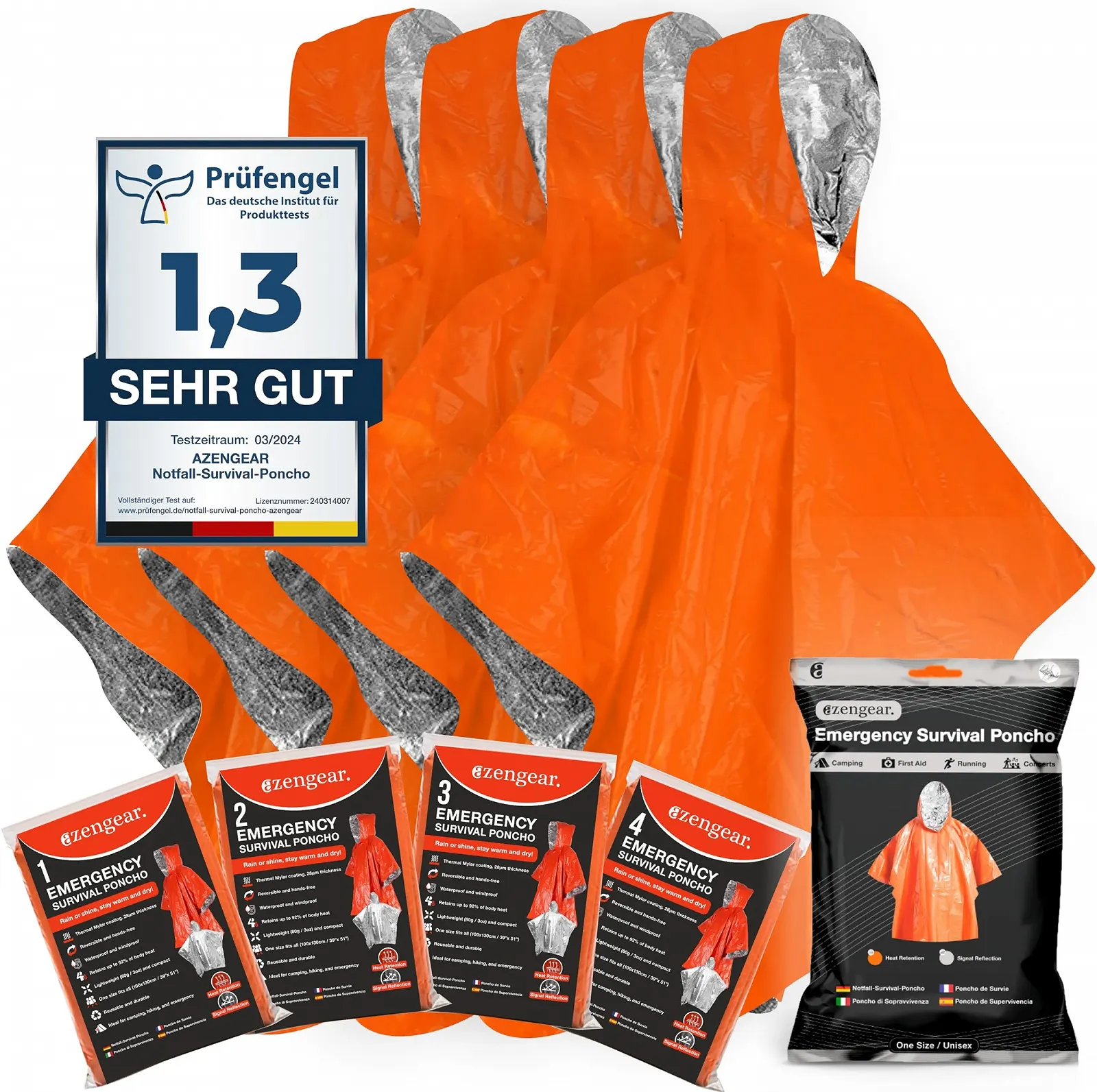 Пончо aZengear аварійне рятувальне, 4 шт, термальне, майларова фольга, з капюшоном, водонепроникне, вітрозахисне, фото №1