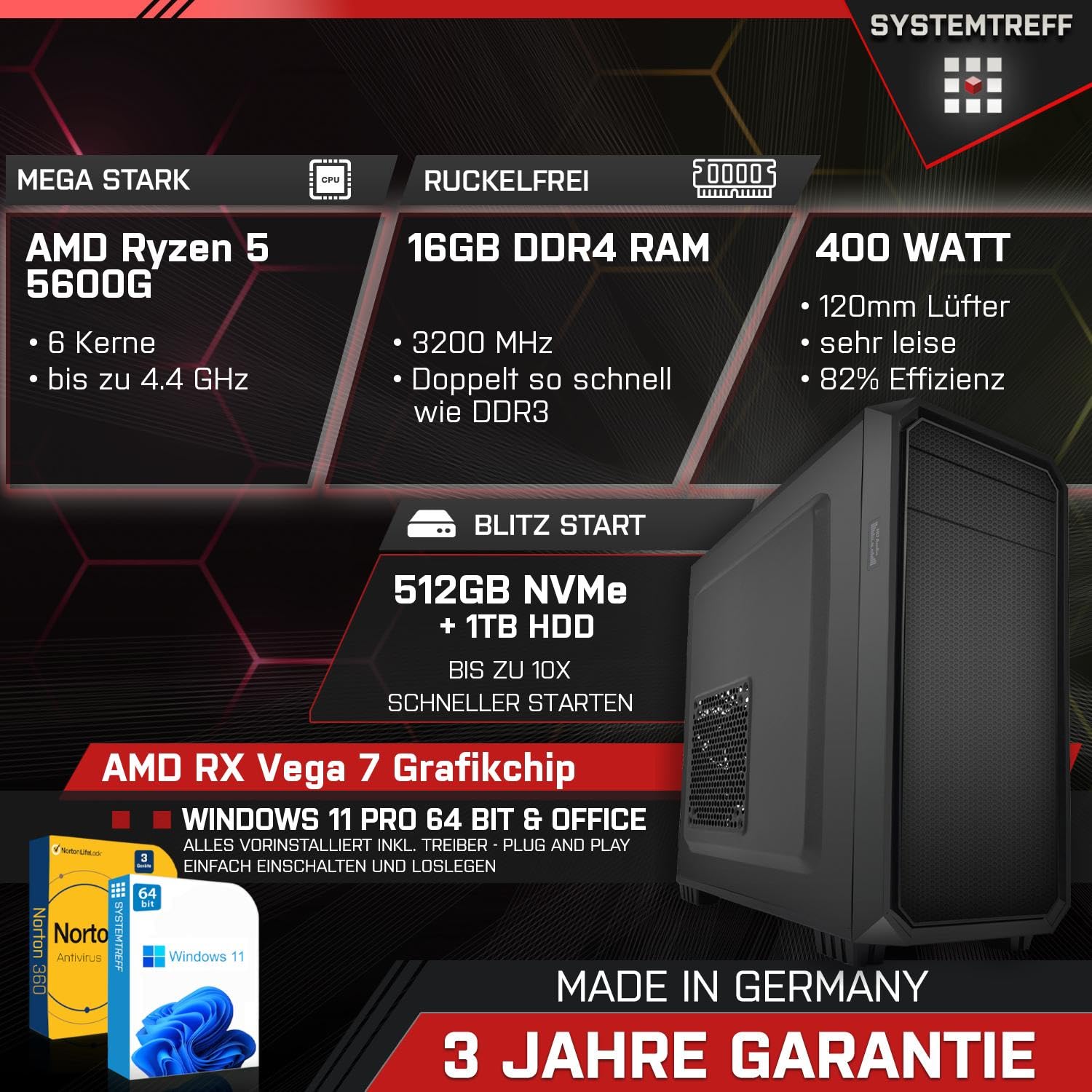 Системний блок SYSTEMTREFF Office AMD Ryzen 5 5600G RX Vega 7 16GB RAM 512GB SSD 1TB HDD, фото №2