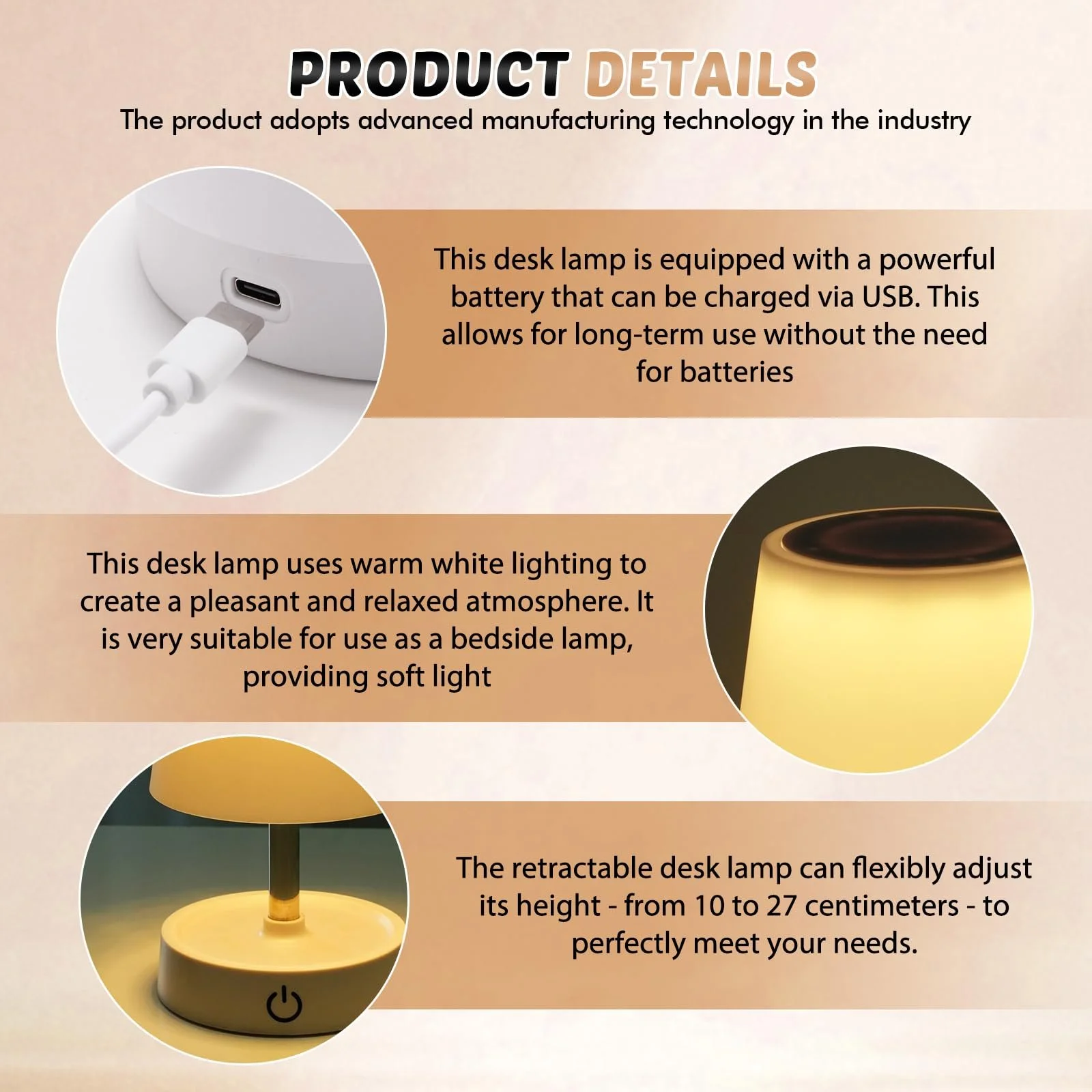 Настільна світлодіодна лампа акумуляторна USB телескопічна бездротова сенсорна (набір 2 шт) тепле біле світло, фото №4