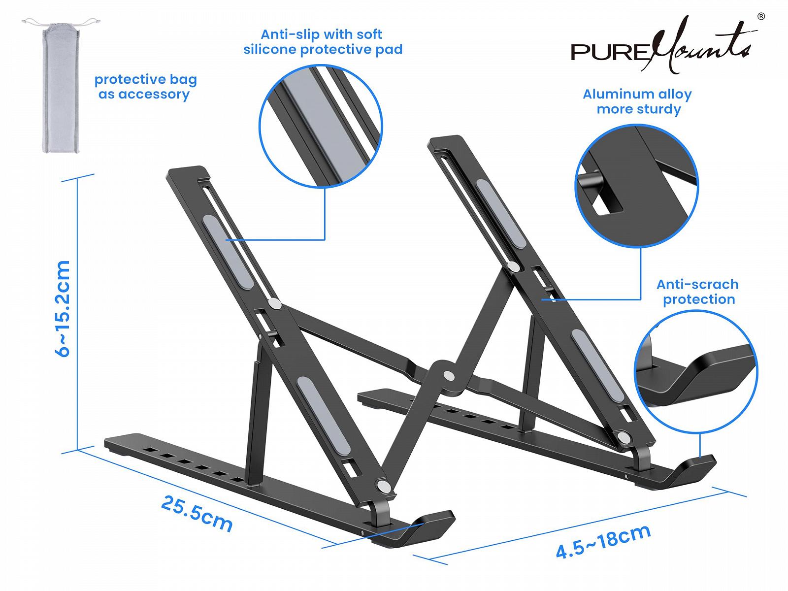 Підставка для ноутбука PureMounts, регульована по висоті, складна та ергономічна, 7 регульованих кутів огляду, алюмінієва, фото №8