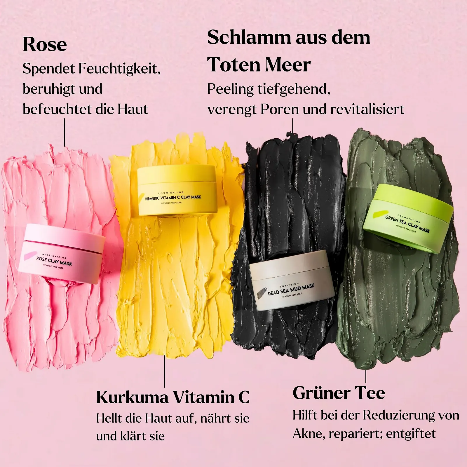 Набір глиняних масок для обличчя Green Tea Clay Mask для глибокого очищення та зменшення чорних цяток (4 x 100 г), фото №5