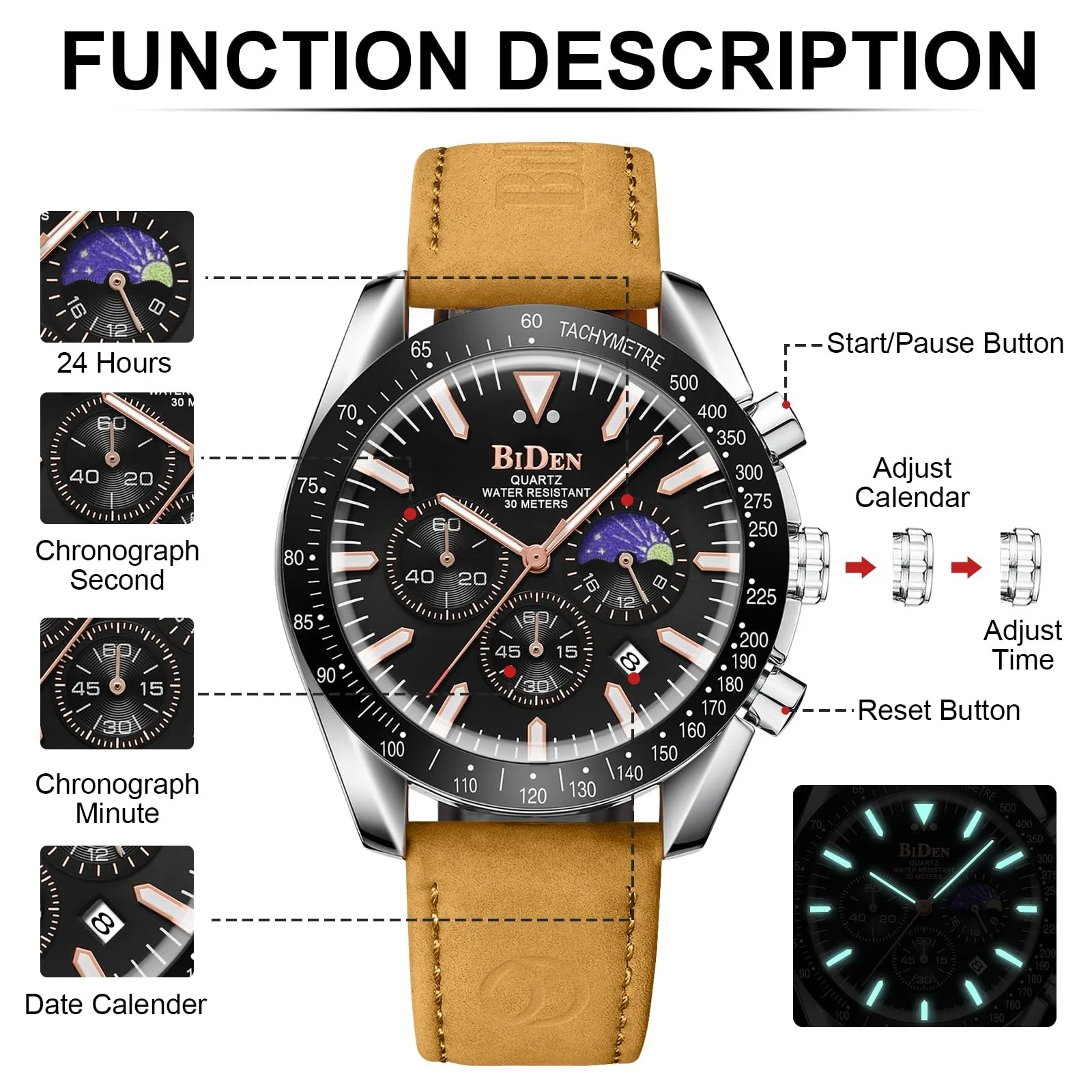 Чоловічий годинник HANPOSH Хронограф з нержавіючої сталі Водонепроникний, фото №6 Чоловічий годинник HANPOSH Хронограф з нержавіючої сталі Водонепроникний, фото №6