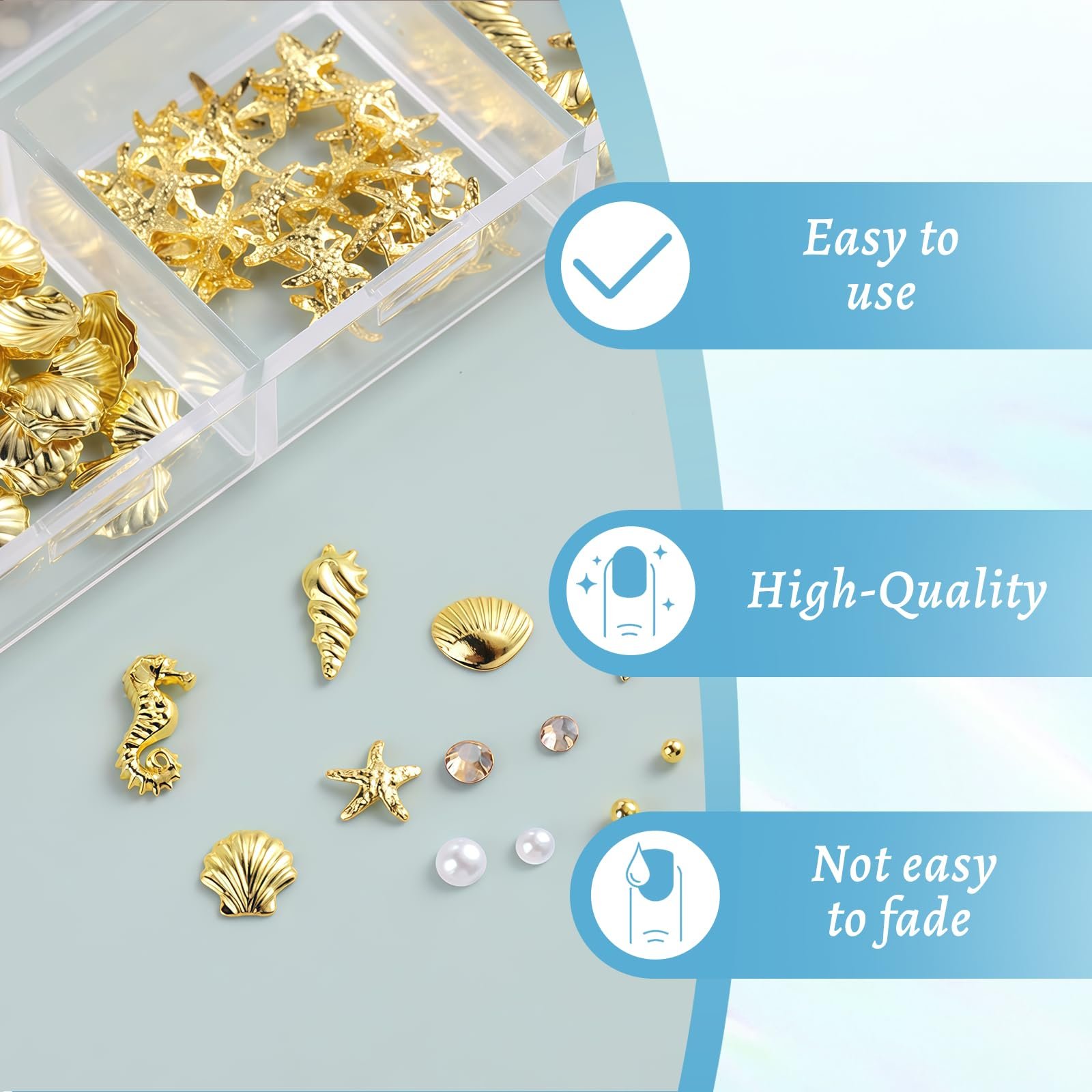 Украшения для ногтей Золотые, Аксессуары для ногтей, 12 отделений, Включает пинцет, фото №3