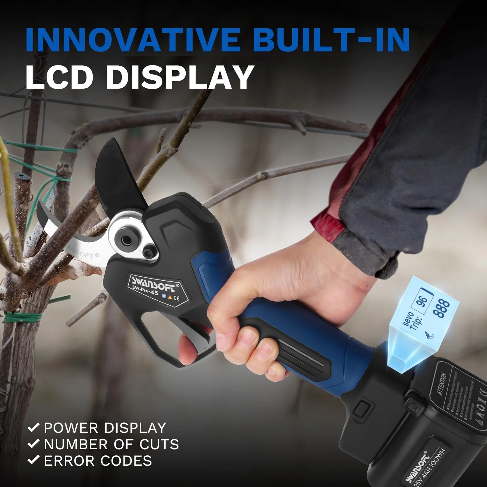 Секатор SWANSOFT акумуляторний 45 мм 1150 W для саду та телескопічні сучкорізи чорний/синій, фото №6