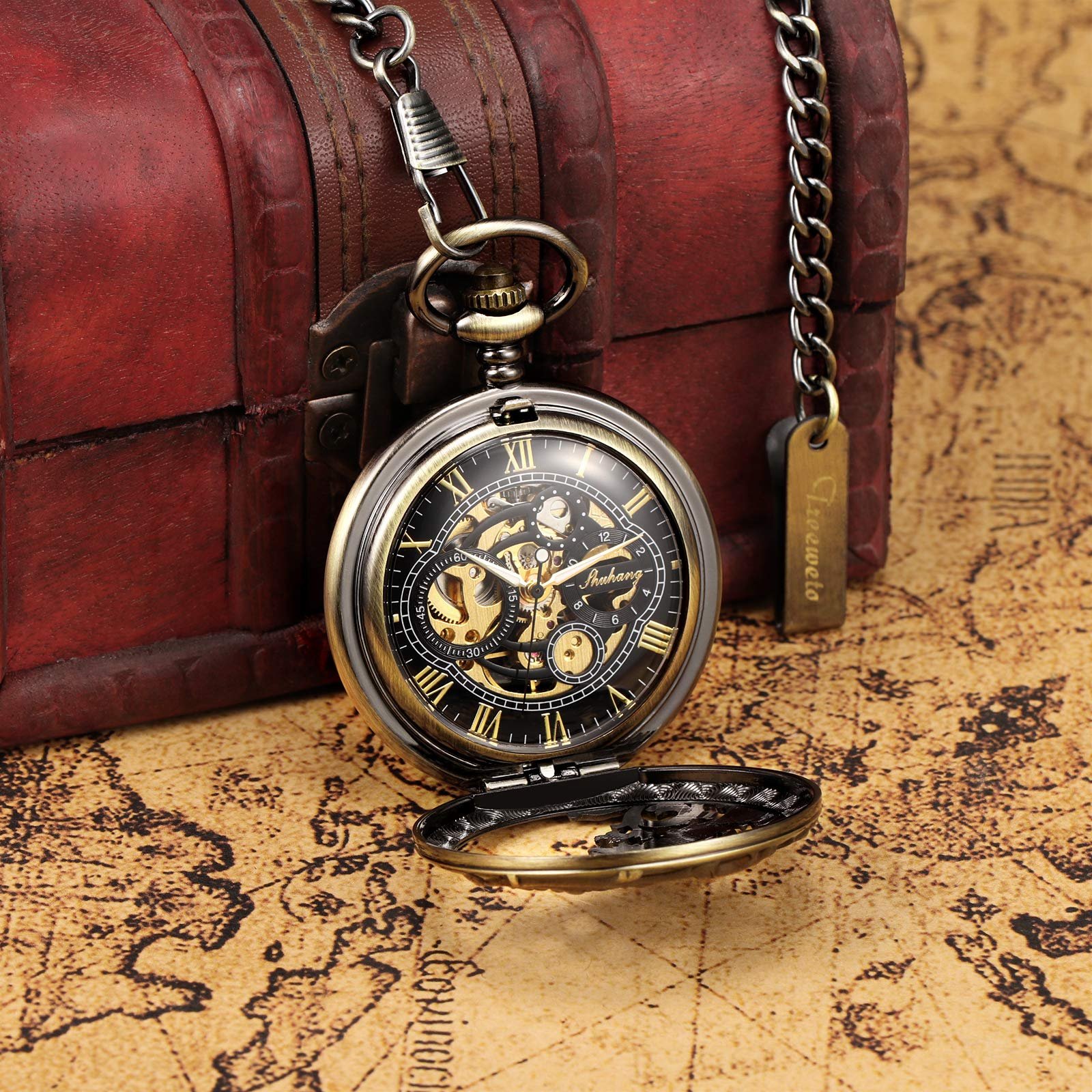 Кишеньковий годинник TREEWETO Unisex Double Hinge Antique Dragon Skeleton з ланцюжком бронзовий, фото №3