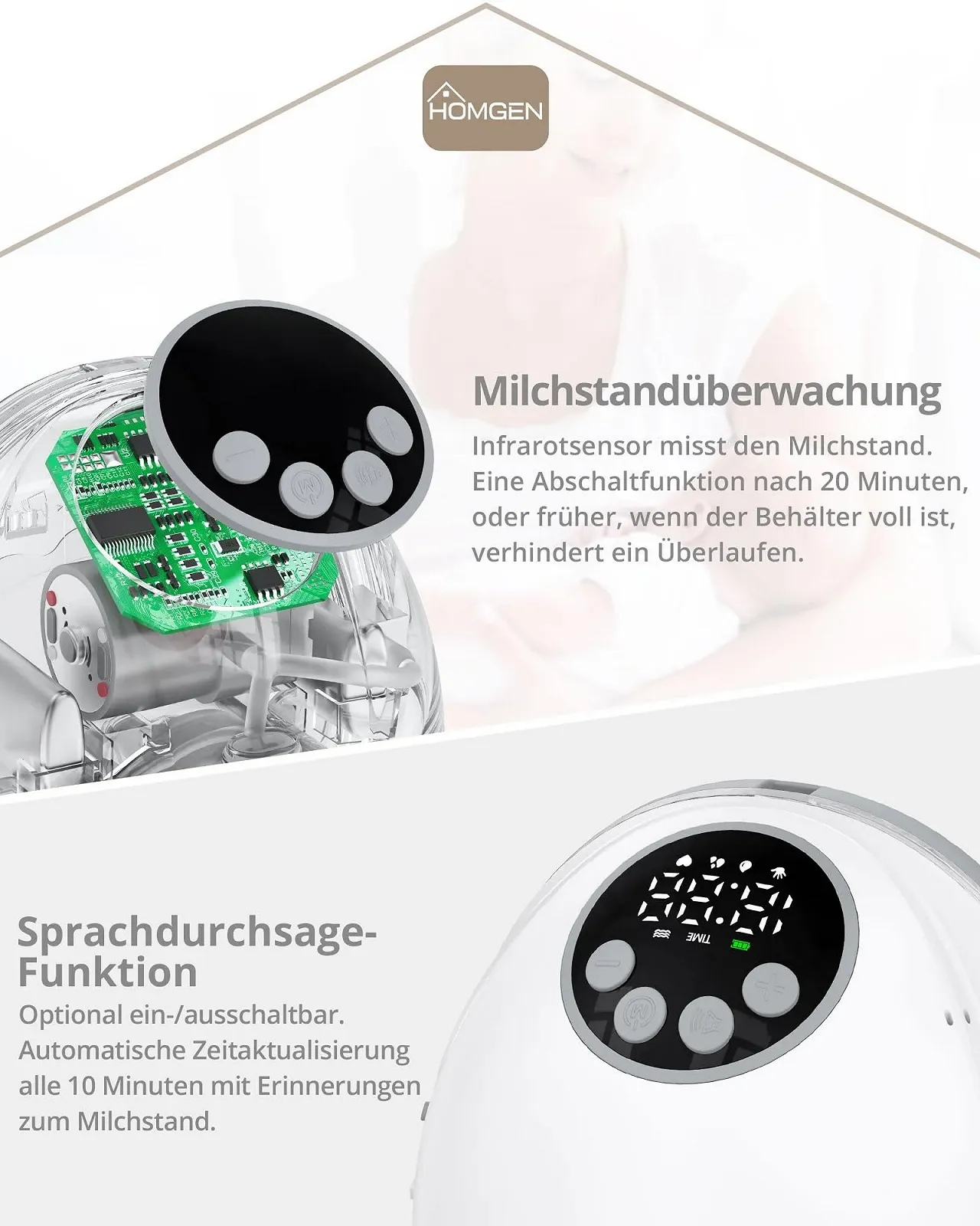 Електричний молоковідсмоктувач HOMGEN Hands-Free 24/21/19 мм 4 режими 12 рівнів з LED-дисплеєм White, фото №3 Електричний молоковідсмоктувач HOMGEN Hands-Free 24/21/19 мм 4 режими 12 рівнів з LED-дисплеєм White, фото №3