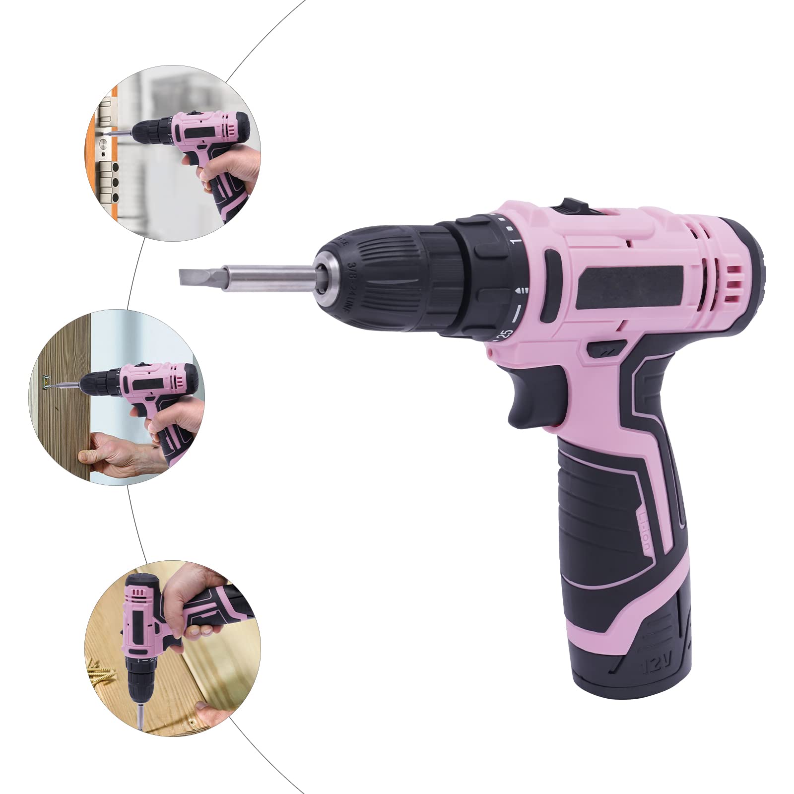 Акумуляторний Шурупокрут Electric Screwdriver 12 V з 25 моментами обертання, 3/8 дюймовий патрон, 2 передачі, з LED підсвіткою, 1 акумулятор, рожевий, фото №4
