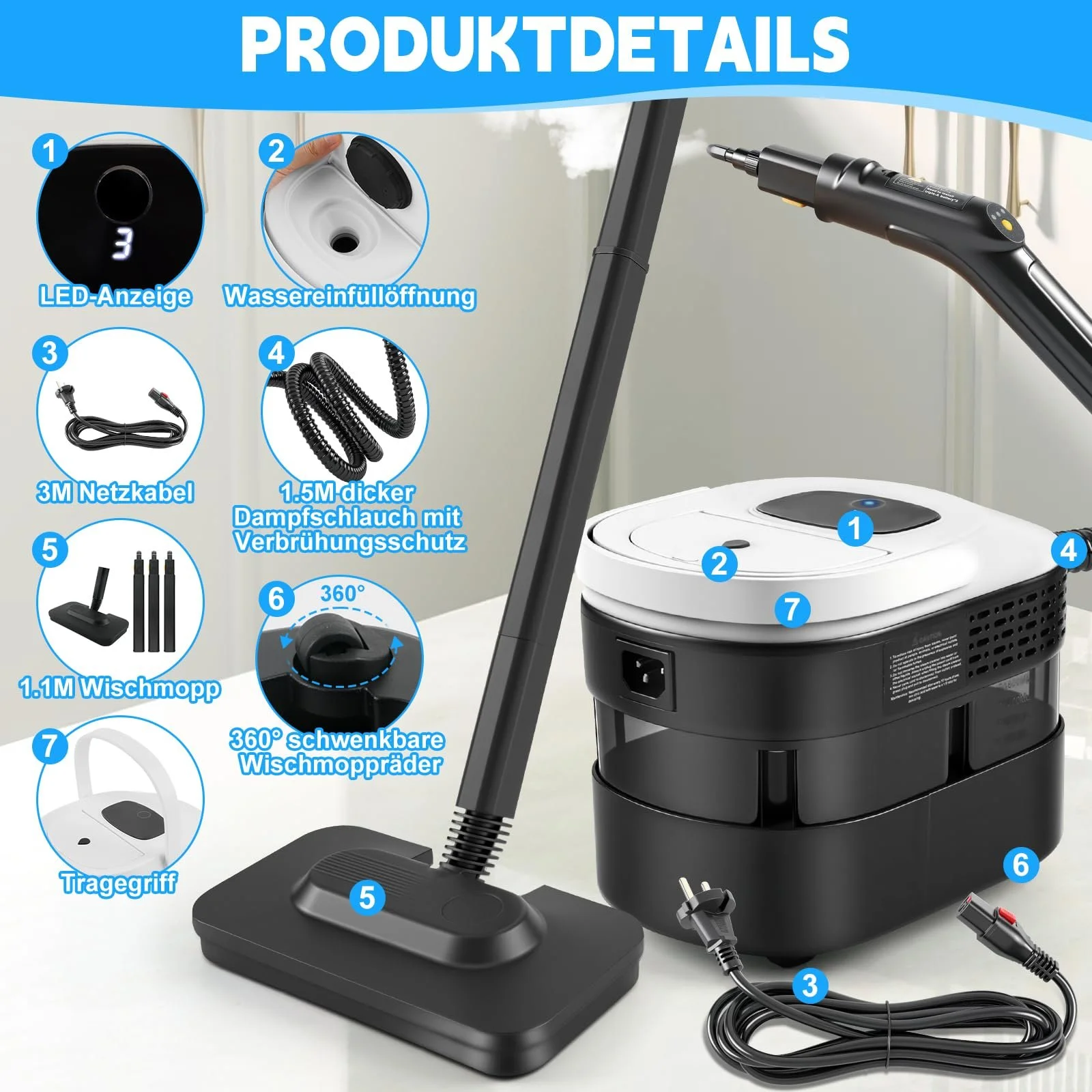 Пароочисник ручний 2500 Вт з 15 аксесуарами 4.5 бар 1600 мл переносний, фото №7