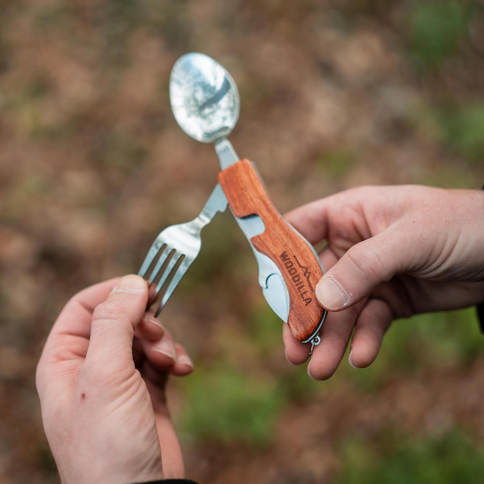 Набір столових приборів Woodilla Outdoor, складні, з нержавіючої сталі та дерева, ніж, виделка, ложка, відкривачка для пляшок, 4 в 1, коричневий та срібний, фото №6