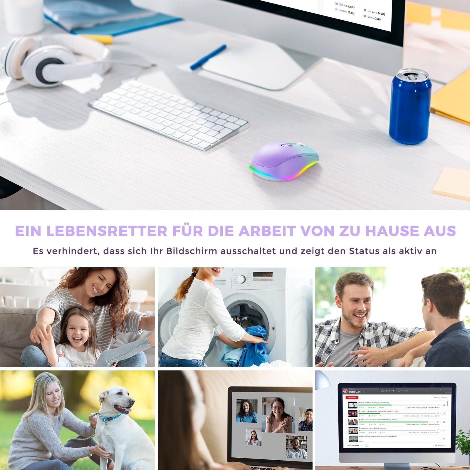 Мышь беспроводная Seenda с LED подсветкой, перезаряжаемая с Jiggler, тихая 2.4G USB, DPI 2000, светло-зеленый и фиолетовый, фото №7