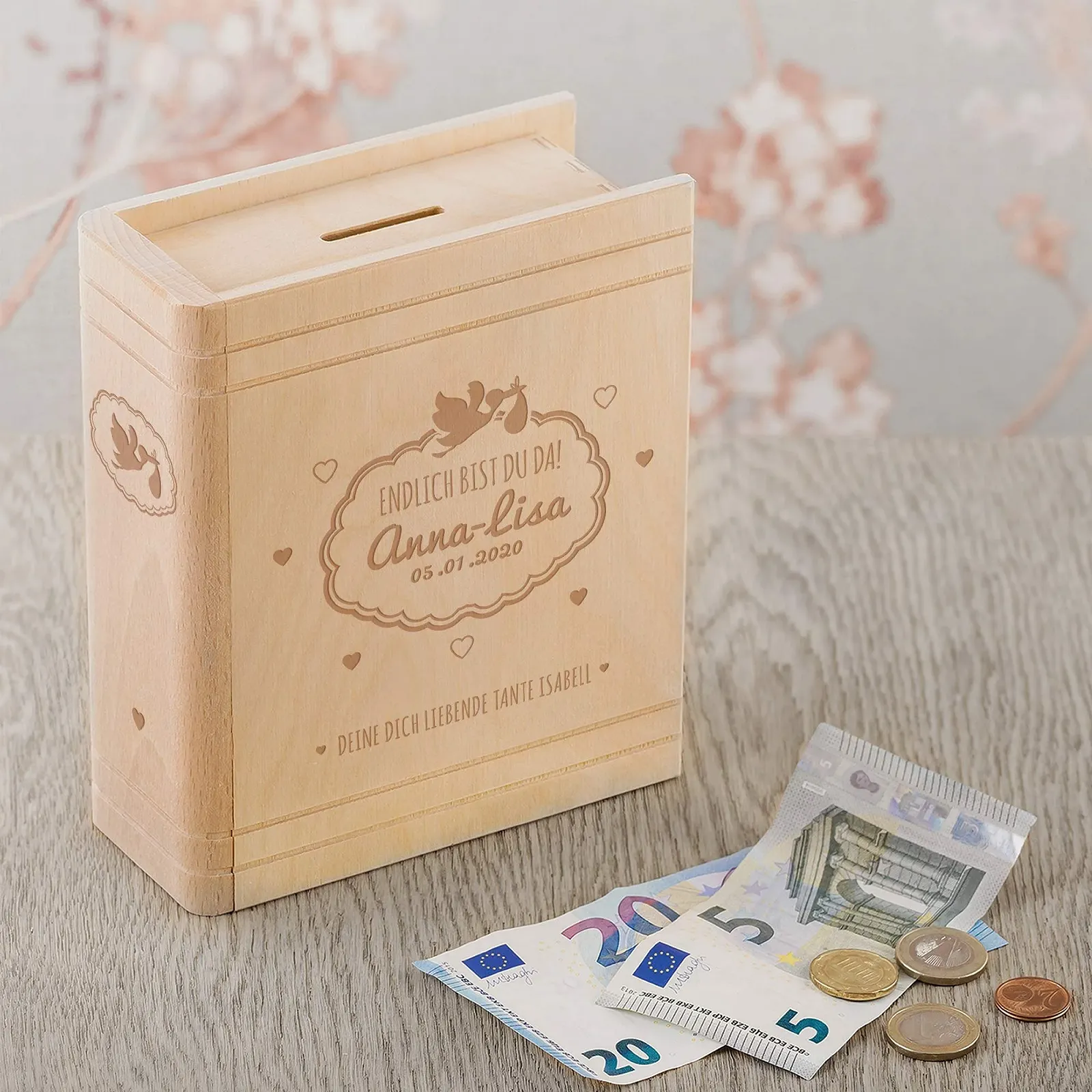 Скарбничка дерев'яна з берези з персоналізацією та мотивом лелеки, фото №3