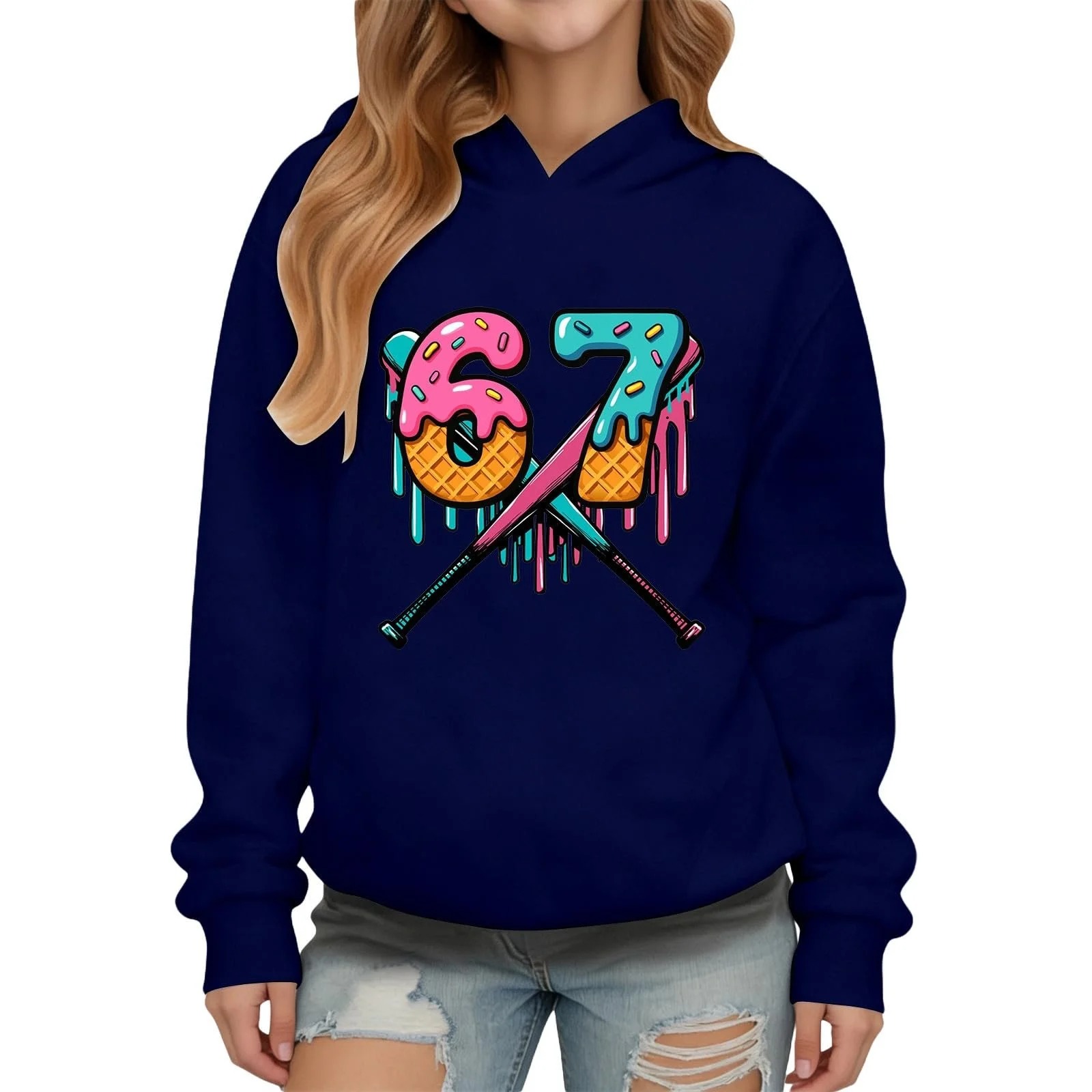 Худи Six Seven 67 Meme Детский лонгслив с капюшоном и принтом мороженого 67, Удобный мягкий свитшот Preppy Streetwear для мальчиков и девочек, повседневная толстовка с капюшоном, фото №1