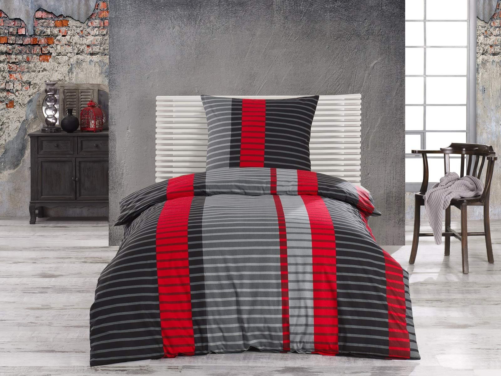 Комплект Постільної Білизни Class Home Collection, з Підковдрою, 135 x 200 см, Наволочкою, 80 x 80 см, Бавовна, з Блискавкою, Wind Red, фото №2