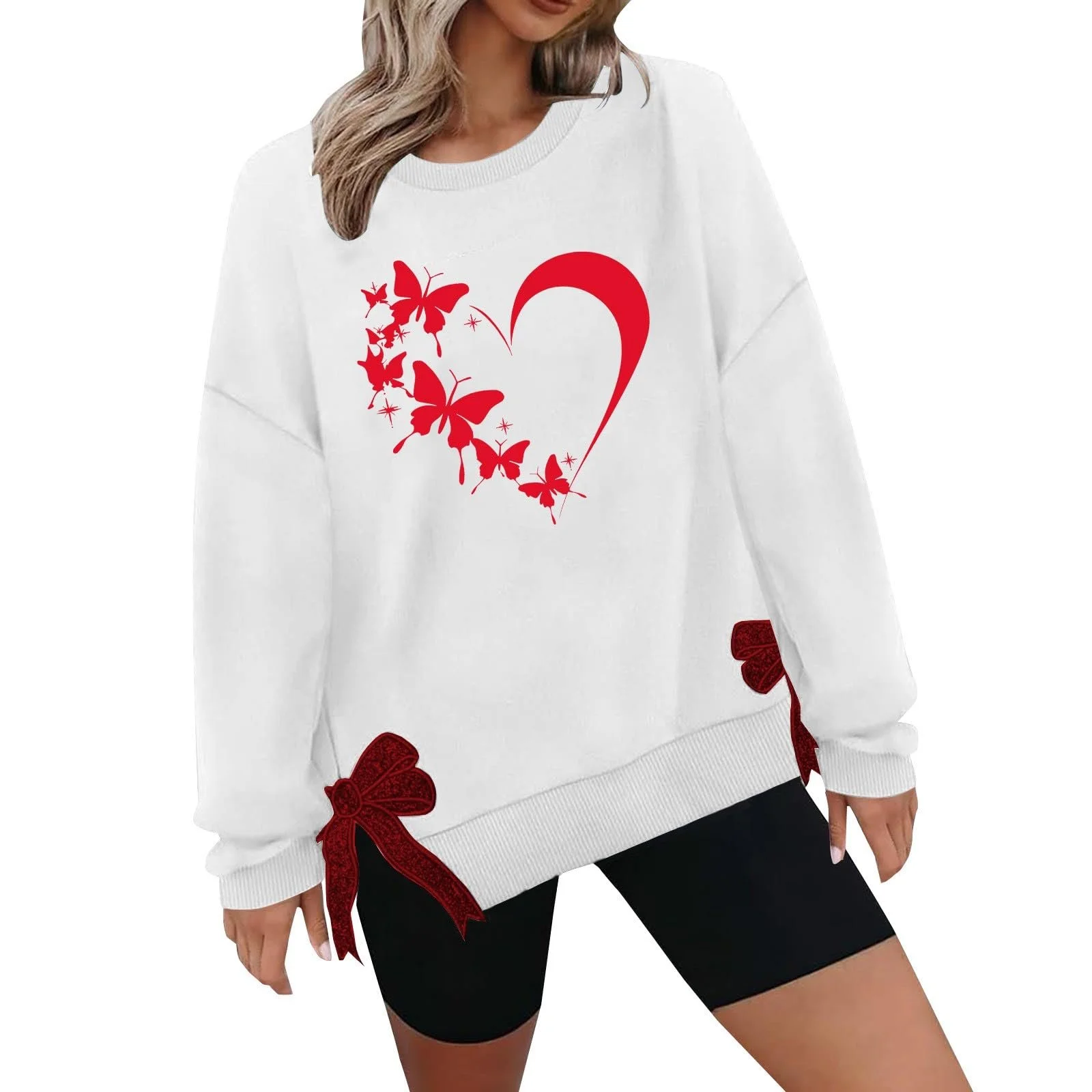 Женский свитшот с круглым вырезом, длинными рукавами, принтом в виде сердца, повседневный, ко Дню святого Валентина, с бантом сбоку, фото №1