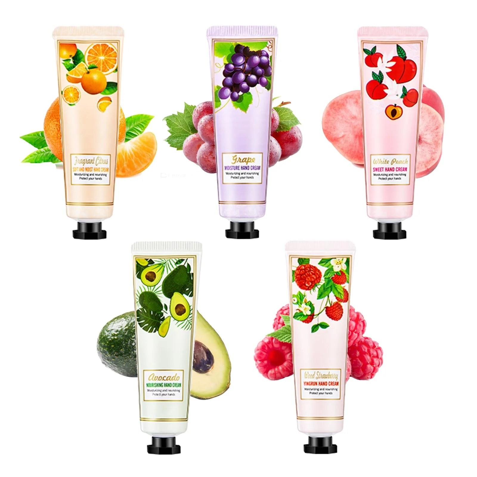 Крем для рук Mini Christmas Набір різдвяних кремів для рук 5 штук Малина, апельсин, білий персик, авокадо та фіолетовий виноград, фото №1