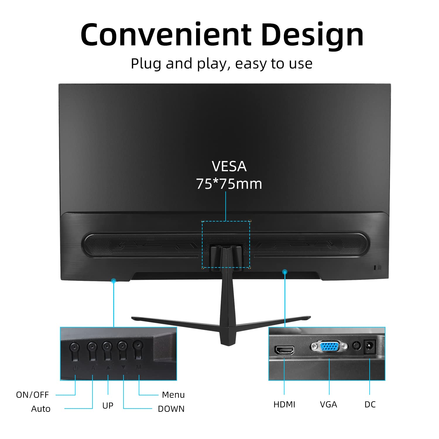 Монитор ZFTVNIE 24 Дюйма Компьютерный Full HD 1920 x 1080P Безрамочный IPS Экран 75Hz HDMI VGA Порты VESA Крепление Дисплей для ПК PS4 PS5, фото №5