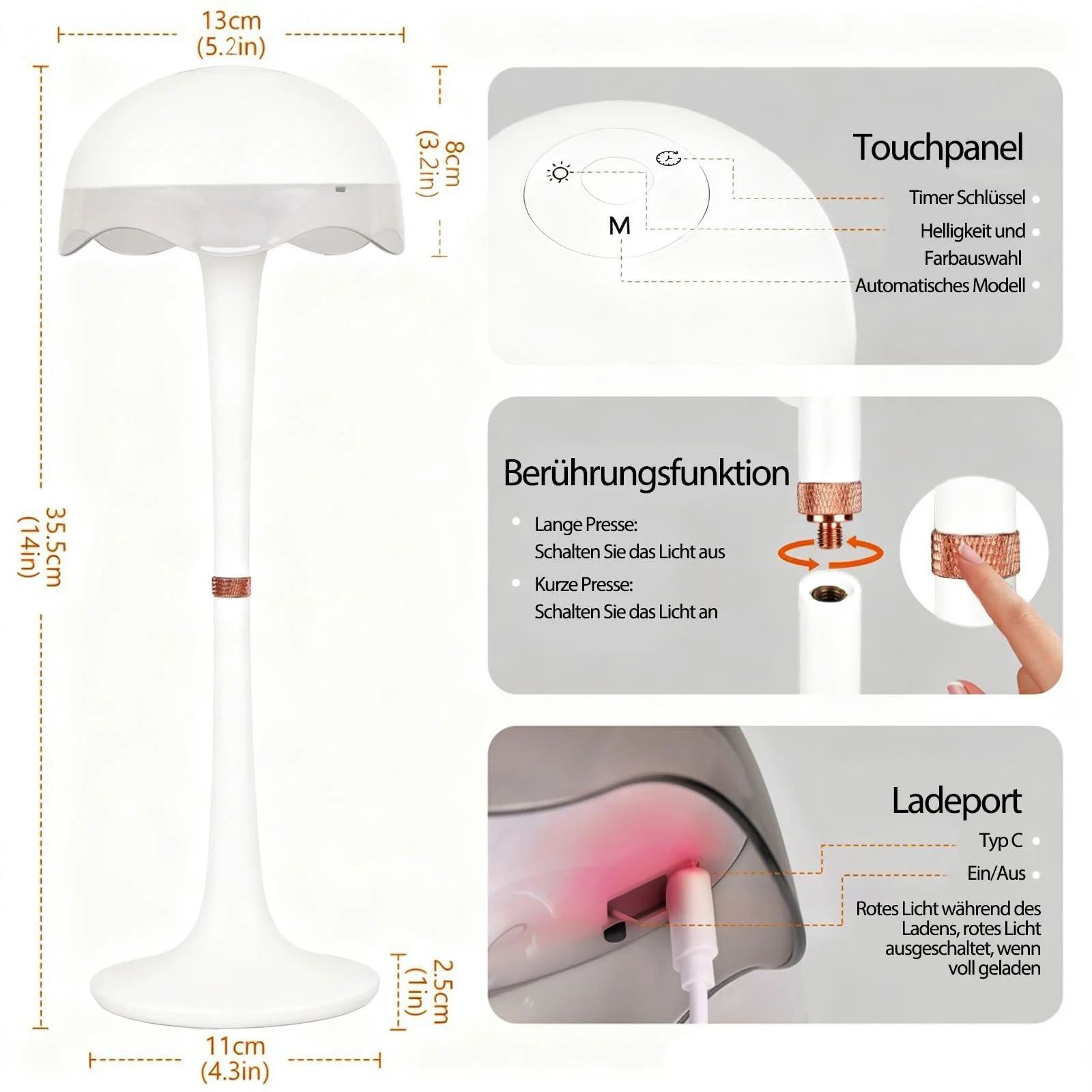Настільна лампа Mushroom LED Акумуляторна Сенсорна RGB USB 2700K-6500K Метал, фото №3
