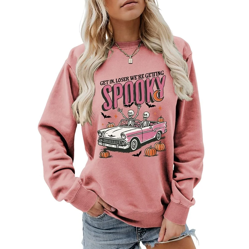 Женский свитшот MLZHAN Хэллоуин, призрак автомобиля, тыква, летучие мыши, графический, круглый вырез горловины, длинный рукав, праздничная рубашка, фото №1