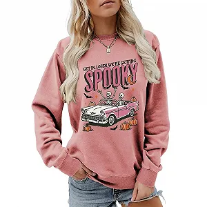 Женский свитшот MLZHAN Хэллоуин, призрак автомобиля, тыква, летучие мыши, графический, круглый вырез горловины, длинный рукав, праздничная рубашка - Фото 1