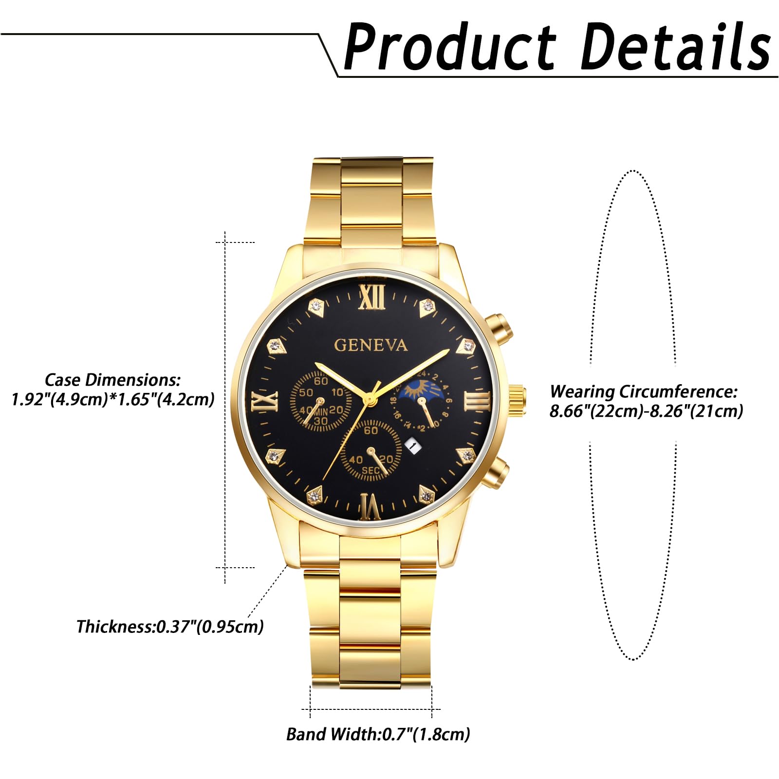 Часы Avaner Мужские Нержавеющая сталь Люминесцентный Циферблат с Россыпью Камней Кварцевые Золотой, фото №5