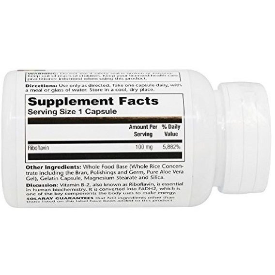 Рібофлавин Solaray Вітамін B2 100 мг Veg Caps SOR04327, фото №3