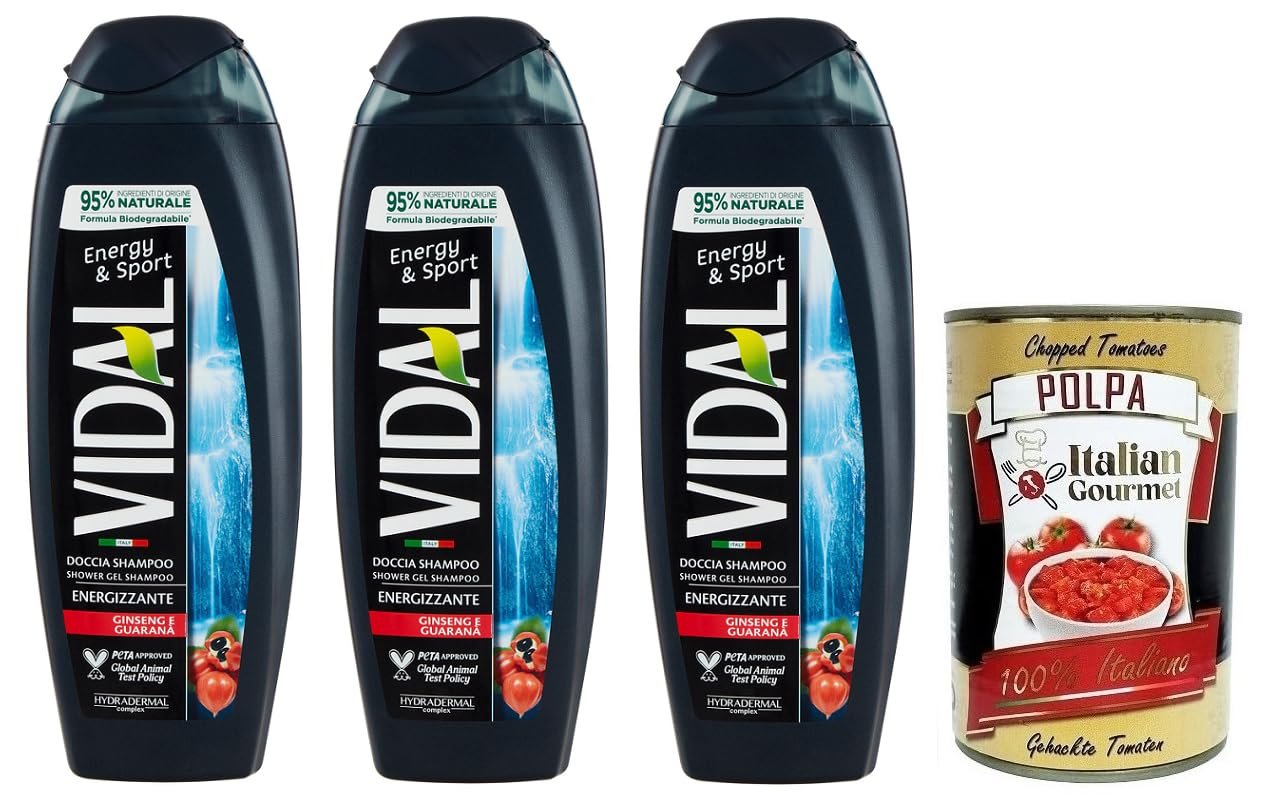 Гель для душу-шампунь Vidal Energy & Sport з женьшенем та гуараною 3 x 250 мл + томати подрібнені Italian Gourmet Polpa di Pomodoro 400 г, фото №1